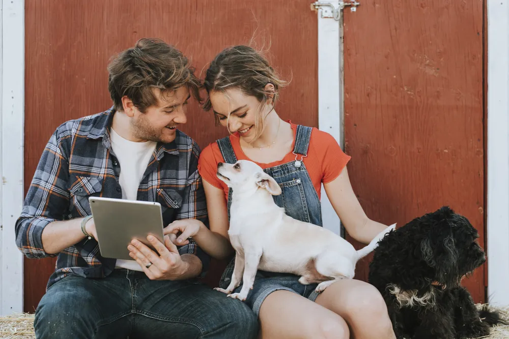 Photo happy couple with their dogs