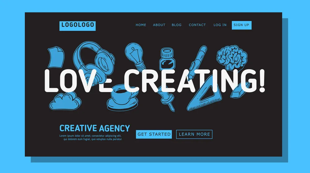 Creative Agency Office Landing Page Example Mockup Design For Web With Artistic Hand Drawn Line Art Drawings Illustrations Of Essential Related Objects Of Every Day Working Tools. Vector Graphic