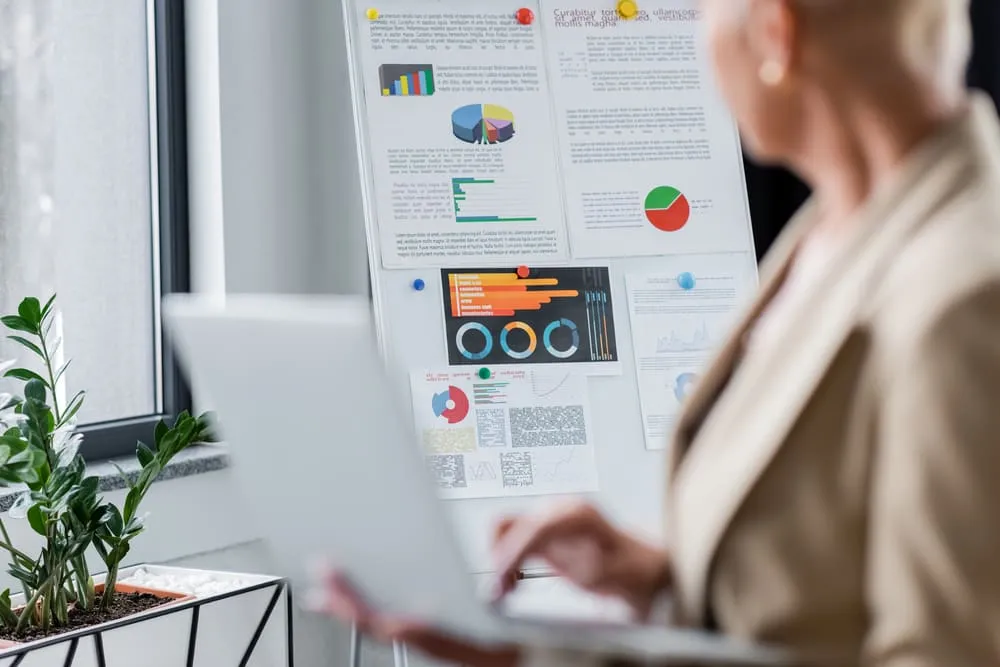 Selective focus of graphs on flip chart near cropped banker with laptop on blurred foreground — Photo 