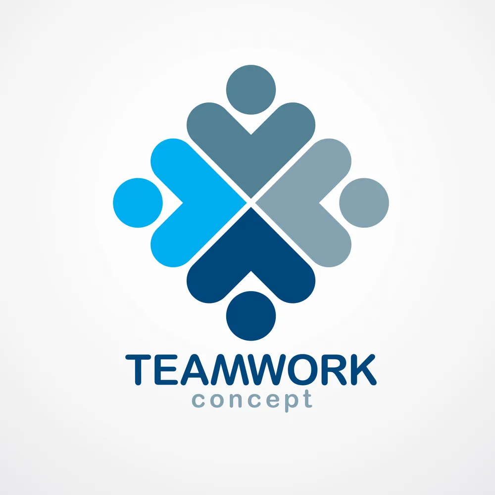 Teamwork businessman unity and cooperation concept created with simple geometric elements as a people crew. Vector icon or logo. Friendship dream team, united crew blue design.