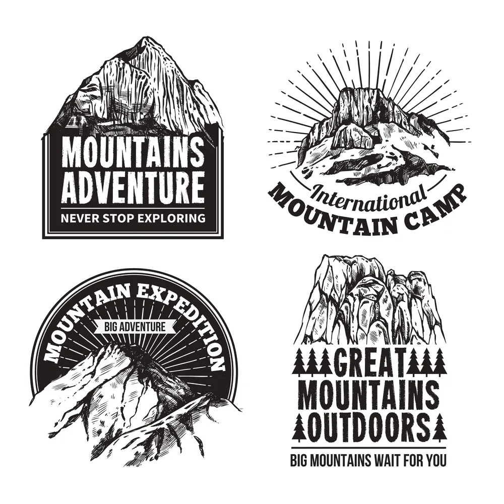 Mountain climbing tourism adventures travel agencies 4 graphic black labels emblems logo collection abstract isolated vector illustration