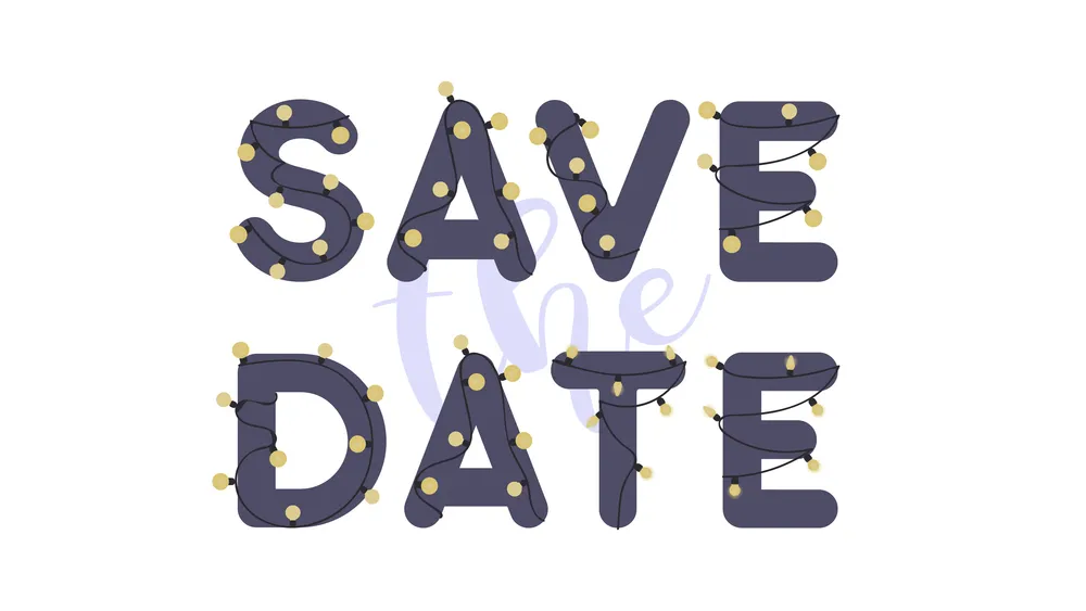 Save the date. Lettering with garlands and light bulbs for the design of a greeting card or wedding invitation. Vector.