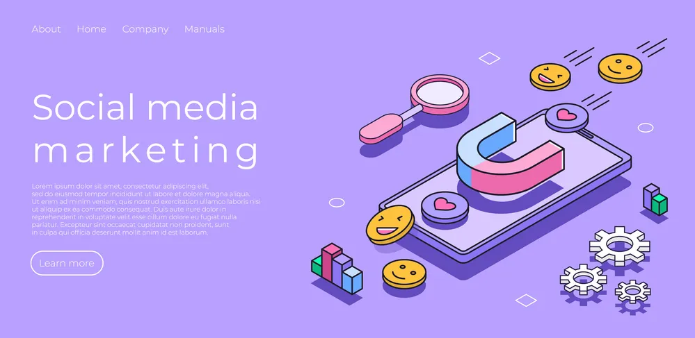 Social media marketing landing page website template. Digital marketing. Social media marketing, promotion and advertising corporate website design. Vector isometric illustration background