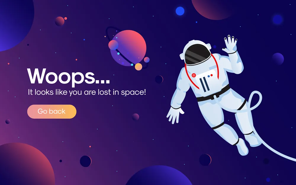 The concept of 404 error web page with astronaut in the open space between different planets, comets, stars. Vector Illustration