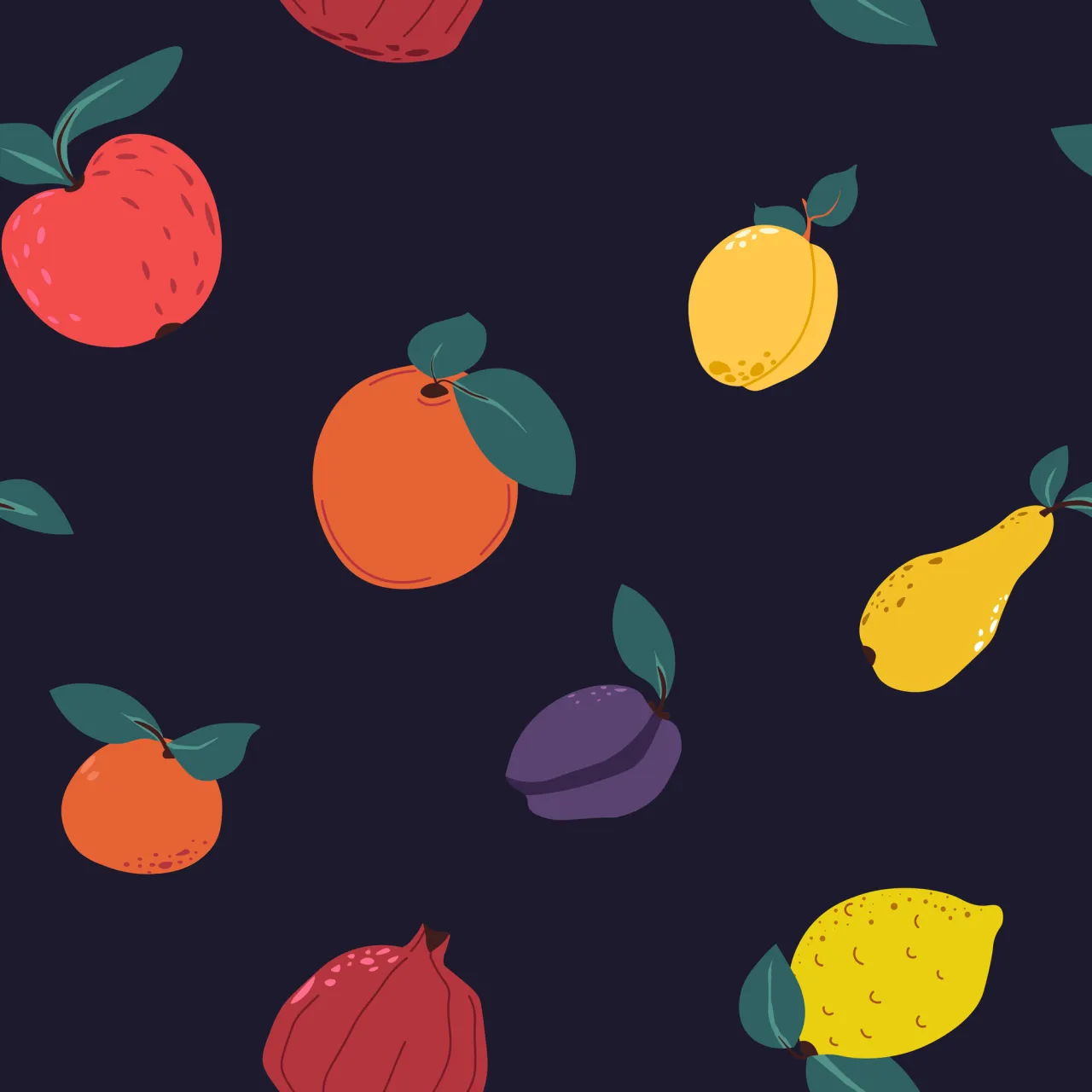 Seamless dark pattern with colorful fruits, flat design