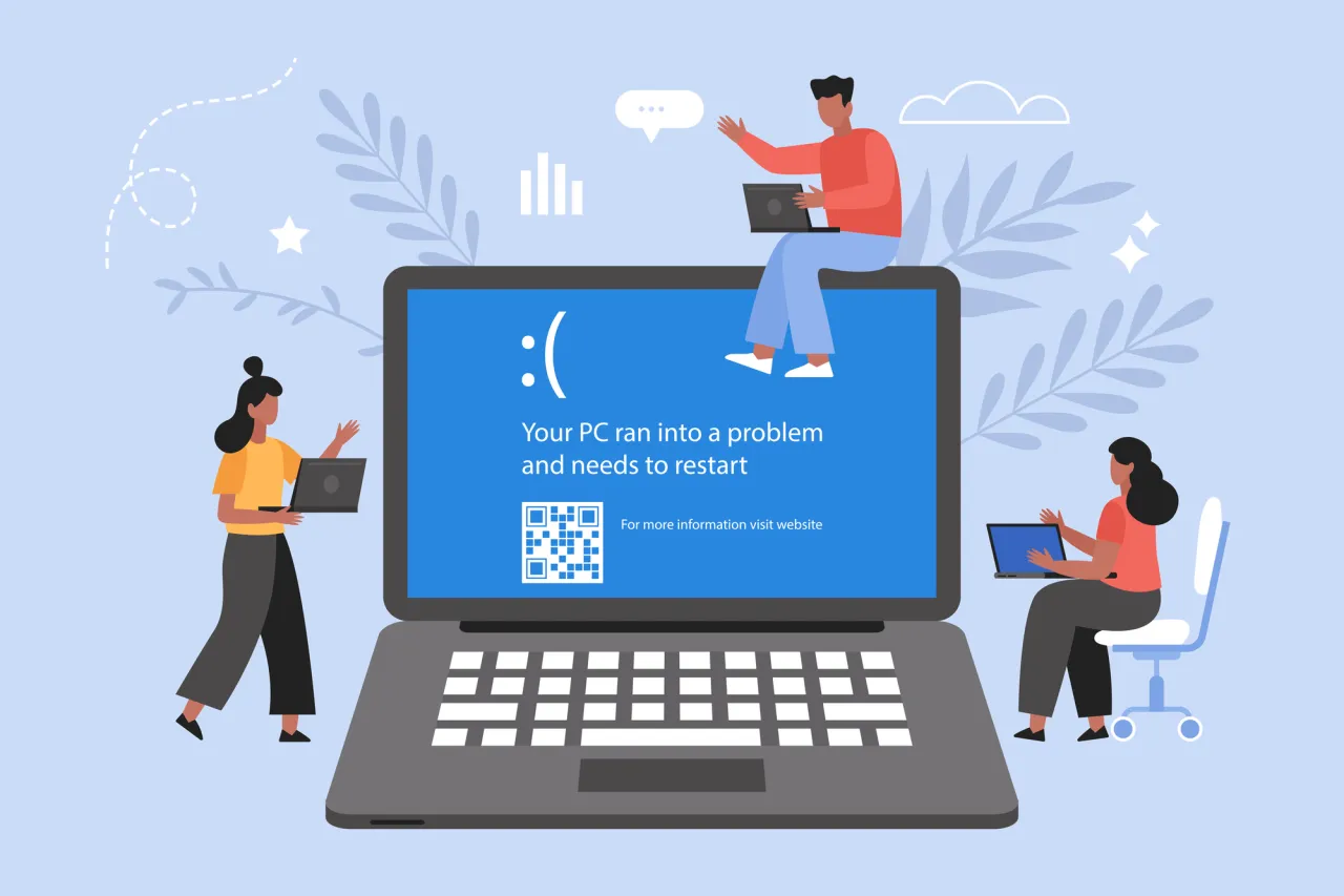 Blue Screen of Death, BSOD system error concept. Modern vector illustration of people business team looking on laptop computer