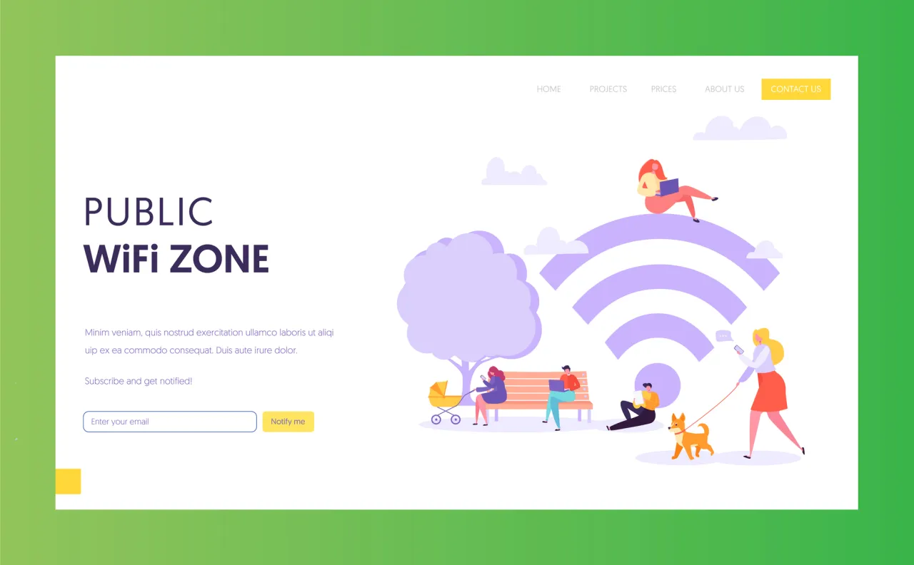 Wifi wireless network landing page template. Public wi-fi zone in park with characters using mobile devices for website or web page. Vector illustration