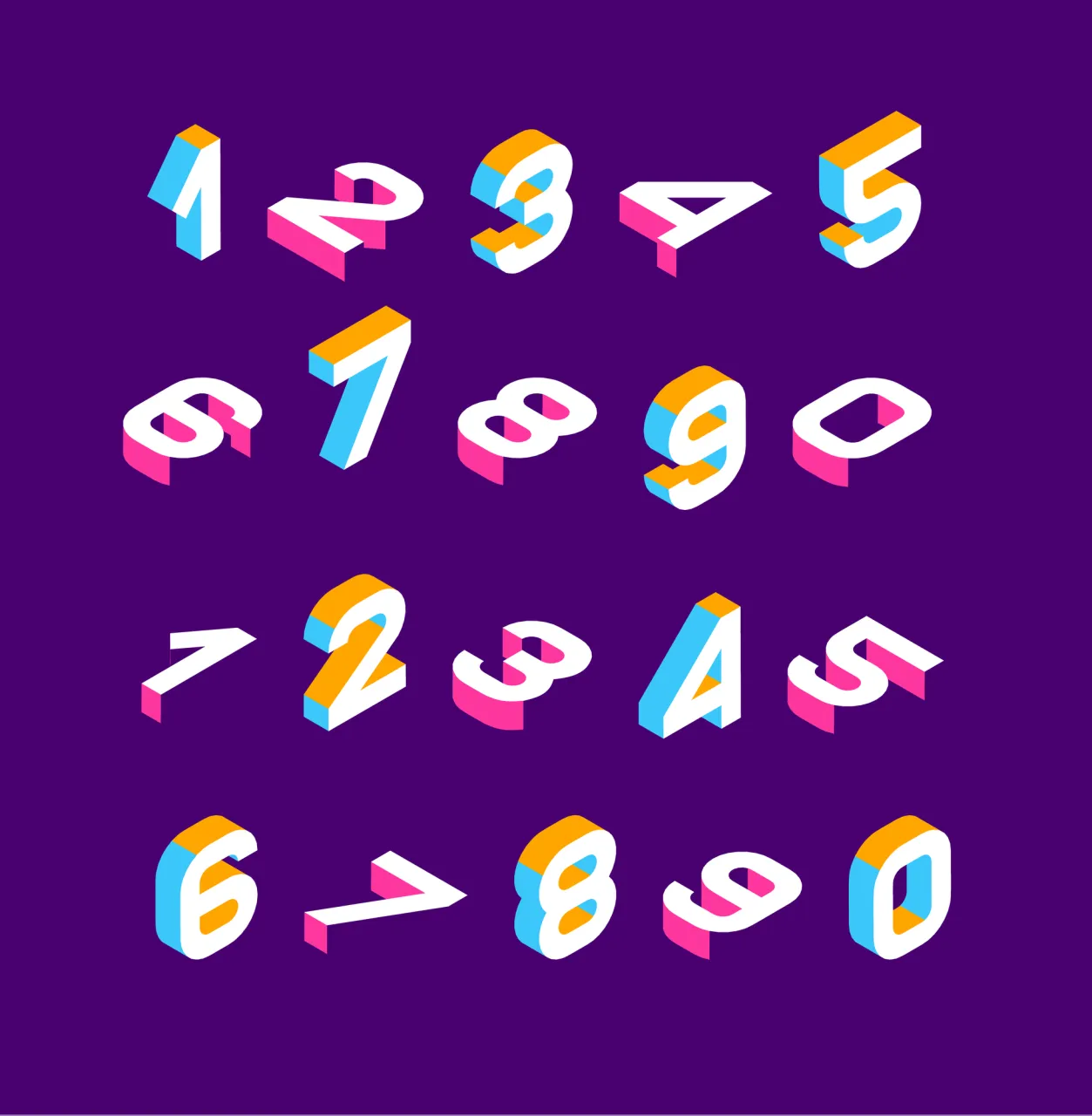 Isometric olored numbers 3d. Three-dimensional alphabet. Low poly 3d characters. Vector illustration.