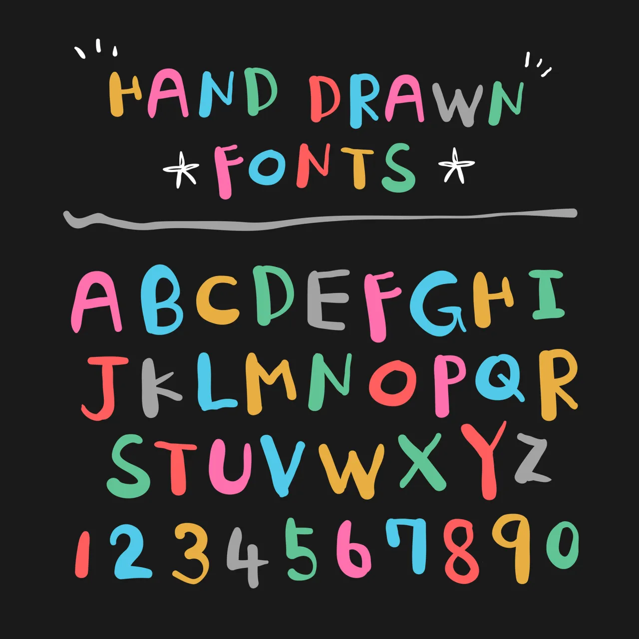 colorful hand drawn fonts design over black background