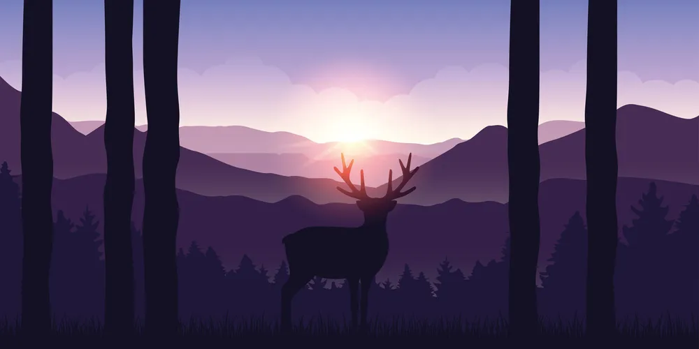 lonely elk in the mountains purple landscape at sunrise vector illustration EPS10