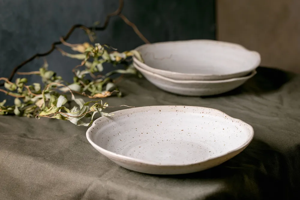 Set of empty craft ceramic white speckled bowls plates standing on dark green table cloth with dry branches — Photo 